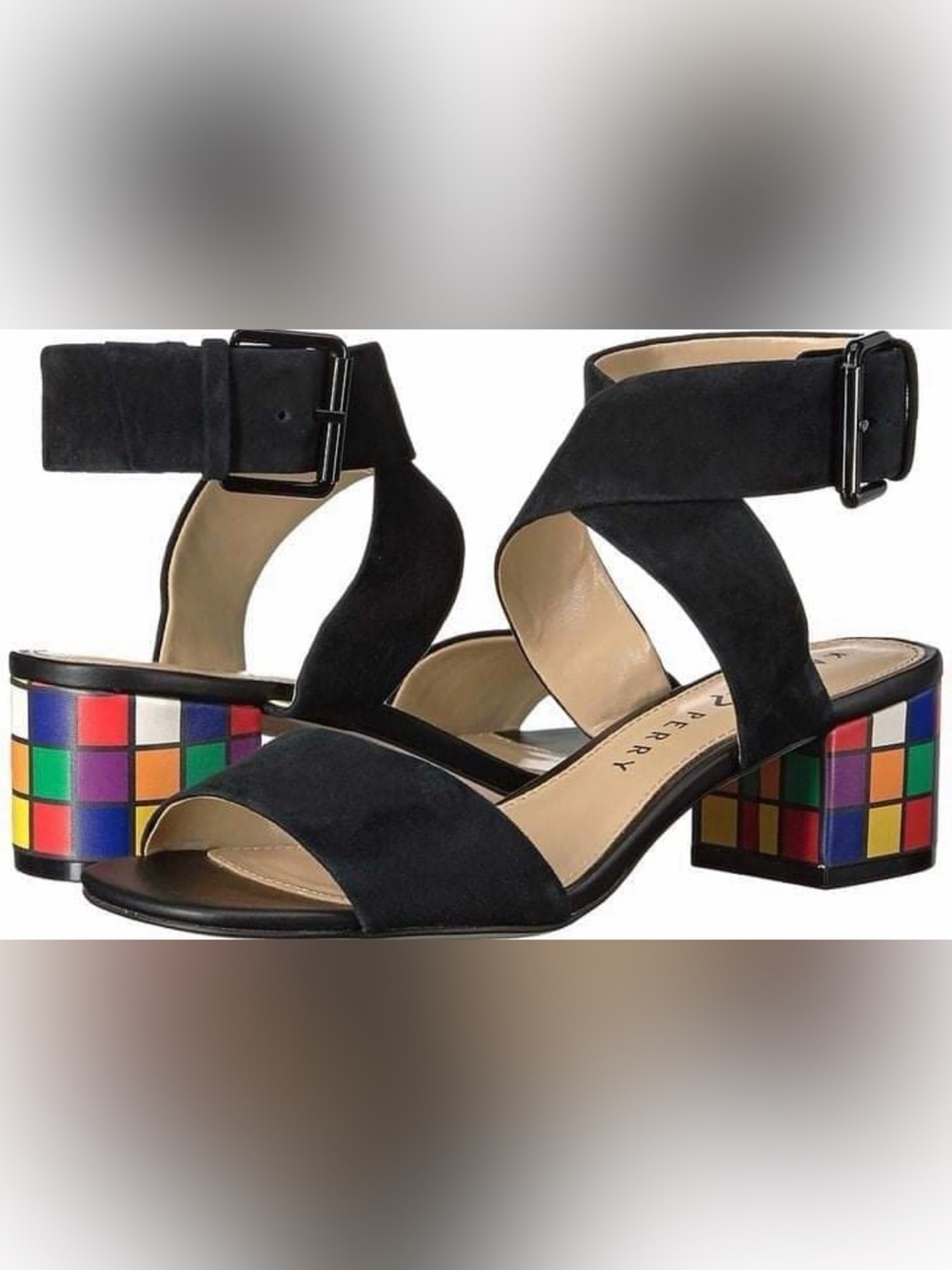 Katy Perry Collections Black Suede Sandals with Multicolor Block Heel